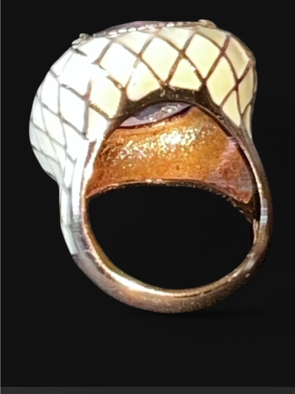 Pink Cushion-Cut Glass Cream Colored Enamel Gold Tone Ring size 8